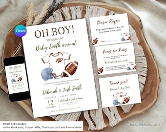 Football Baby Shower Invitation Bundle, Oh Boy Sports Theme Invite, Editable Baby Shower Canva Template, Digital Download