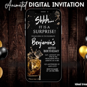 Digital Man&#39;s Suprise Birthday Invitation, Whiskey-Themed Birthday Invitation, 30th, 40th, 50th Surprise Digital invite