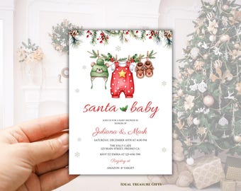 Winter Baby Shower Invitation Template | Santa Baby Invite | Neutral Christmas Baby Shower | December Winter Baby Shower | Editable Template
