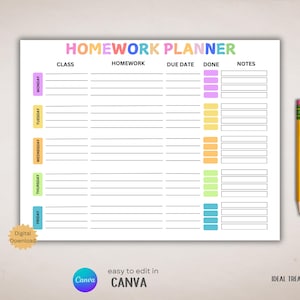 Bewerkbare huiswerkplanner voor docenten | Afdrukbare toewijzingstracker | Huiswerklogboek voor thuisonderwijs | Wekelijkse studentenplanner | Direct downloaden