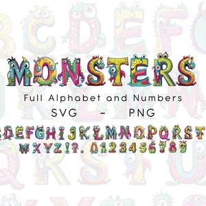 Letras y números de monstruos, linda fuente tonta de Halloween, SVG, PNG, diseño de sublimación, arte para niños, arte de pared, nombre de niño, nombre personalizado