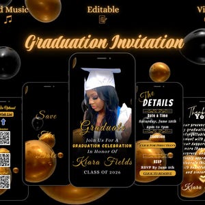Puede incluir: Plantilla de invitación de graduación en negro y dorado en la pantalla de un teléfono inteligente. La invitación incluye la foto del graduado, los detalles del evento y la información de confirmación de asistencia. El diseño presenta detalles dorados.