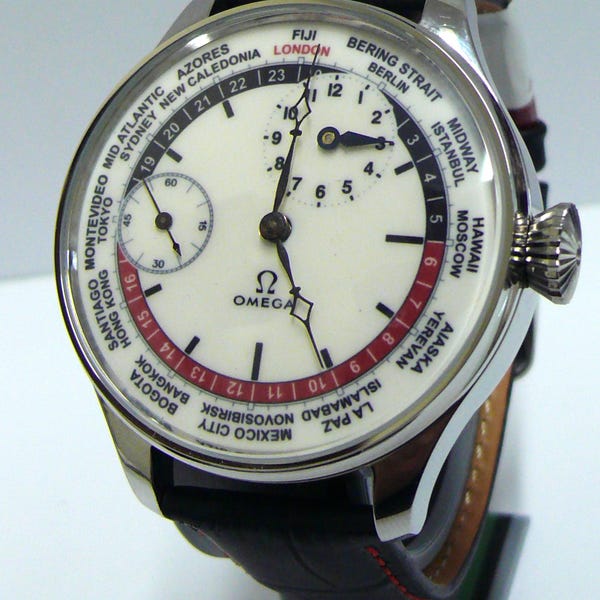 Ω Montre-bracelet surdimensionnée suisse de haute qualité OMEGA, heure mondiale pour hommes, *ENTRETIEN*, années 30