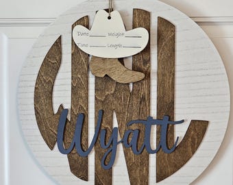 Monogram baby cowboy birth announcement hospital door hanger, personalized baby shower gift