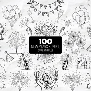 Happy New Year Clipart Package | 2023 New Year's Eve | hand drawn | Party, Fireworks, Champagne, Celebration Clipart | Drawings SVG and PNG