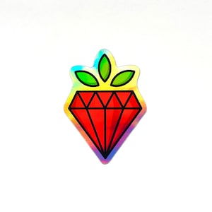 May include: A holographic sticker featuring a red diamond with black outlines and three green leaves on top.