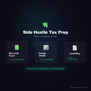May include: Image promoting "Side Hustle Tax Prep" with icons for Microsoft Excel, Google Sheets, and LibreOffice. The text highlights full compatibility and instant download. The background is dark blue with a green and yellow graphic.