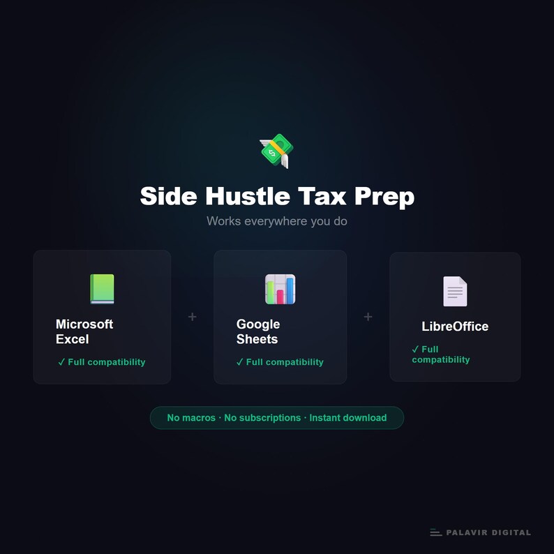 May include: Image promoting "Side Hustle Tax Prep" with icons for Microsoft Excel, Google Sheets, and LibreOffice. The text highlights full compatibility and instant download. The background is dark blue with a green and yellow graphic.
