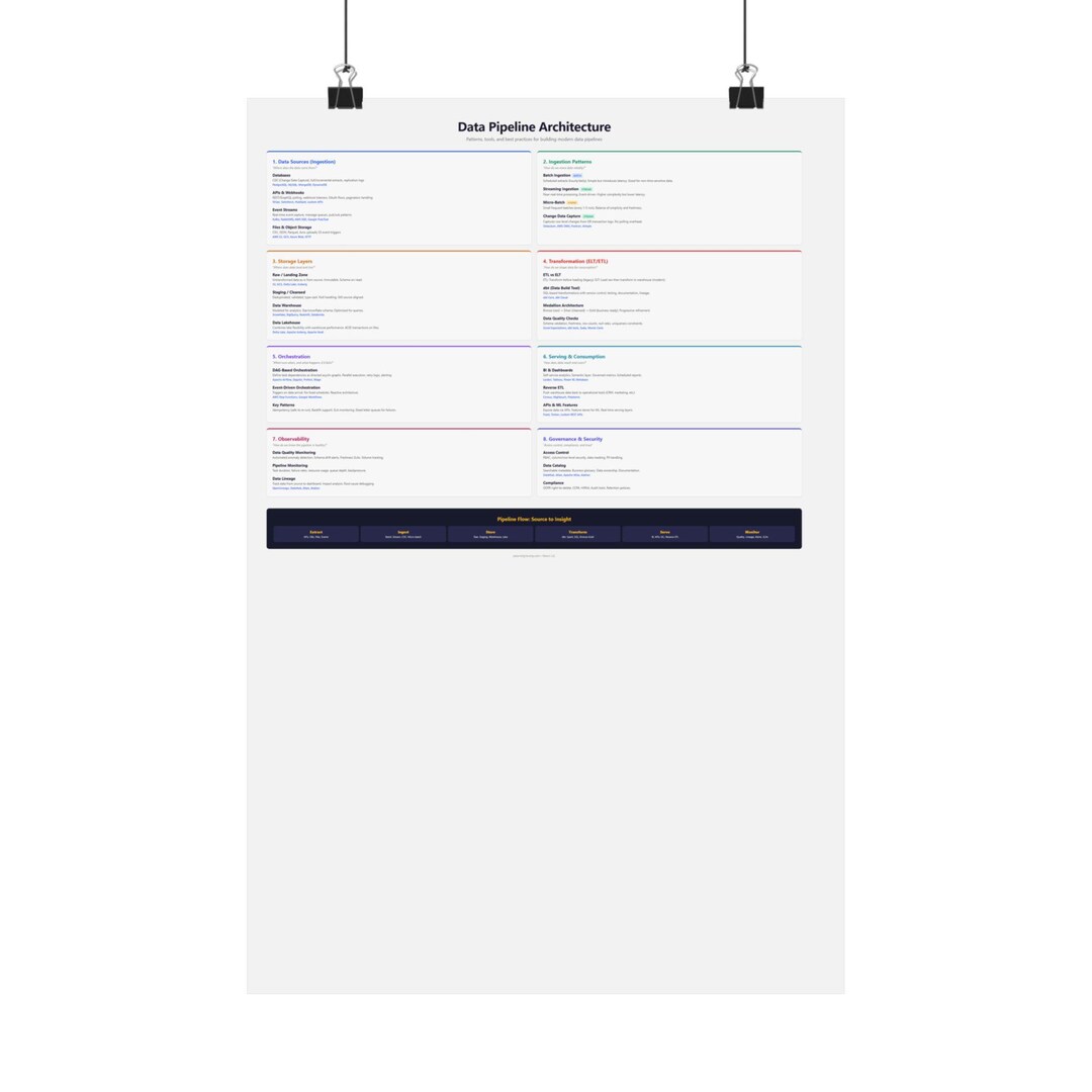 Data Pipeline Architecture Poster | ETL ELT Reference, Batch Streaming ...