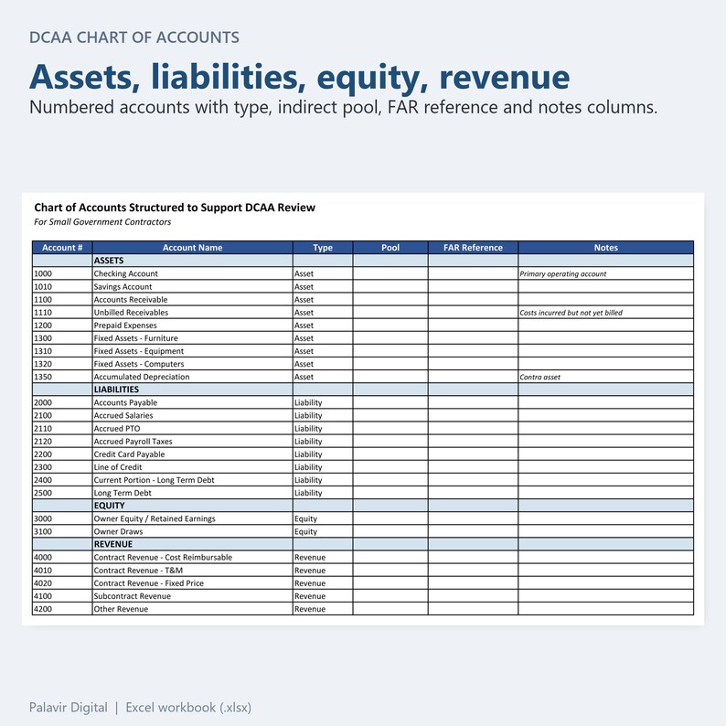 DCAA Chart of Accounts assets, liabilities, equity and revenue accounts