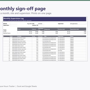 Clinical Hours Tracker, Supervision Log: Texas and Michigan LPC Presets, Custom Requirements for LCSW LMFT, Excel and Google Sheets image 5