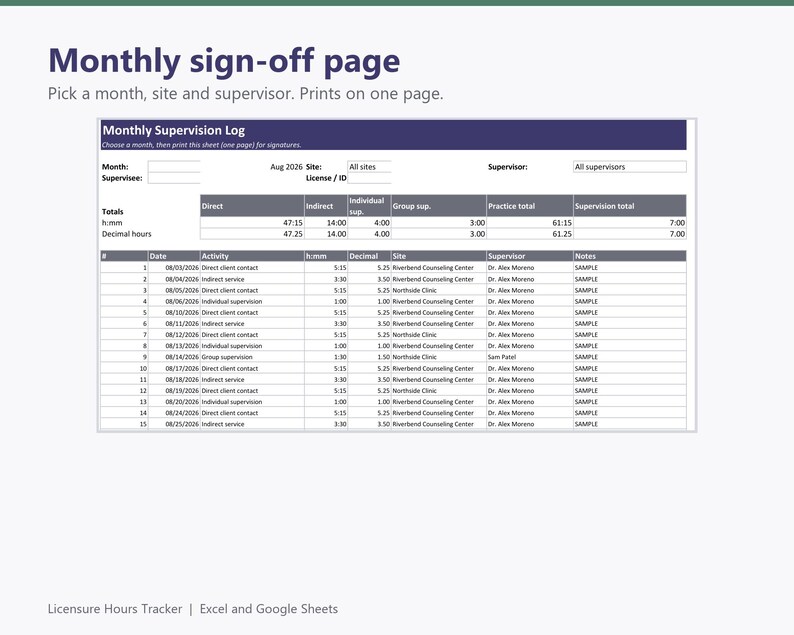 Clinical Hours Tracker, Supervision Log: Texas and Michigan LPC Presets, Custom Requirements for LCSW LMFT, Excel and Google Sheets image 5