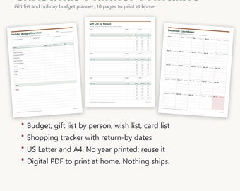 Planificador navideño imprimible, planificador de presupuesto navideño, lista de regalos navideños, lista de deseos navideños, lista de tarjetas navideñas, PDF tamaño carta estadounidense y A4.