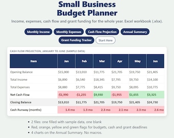 Planificateur de budget pour petites entreprises | Flux de trésorerie, dépenses, suivi des subventions (Excel Google Sheets)