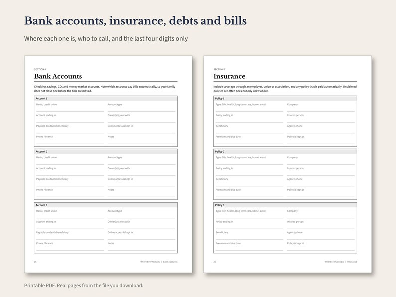 Planificador para el final de la vida (PDF imprimible), organizador de información familiar, carpeta de últimas voluntades, páginas de información de emergencia, descarga instantánea. imagen 3