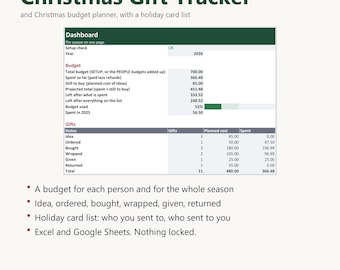 Hoja de cálculo para el seguimiento de regalos navideños y la planificación del presupuesto navideño, lista de tarjetas navideñas, presupuesto de regalos por persona, Excel y Google Sheets