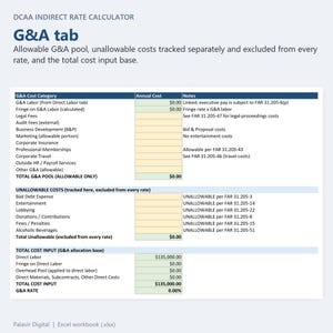 DCAA Indirect Rate Calculator G&A tab: allowable G&A pool, unallowable costs excluded from every rate, total cost input base