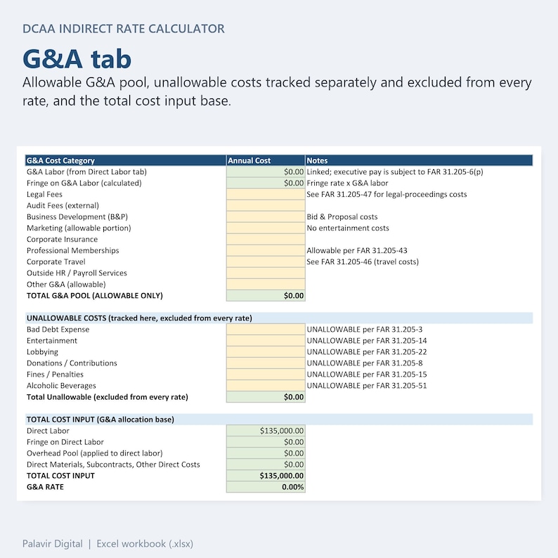 DCAA Indirect Rate Calculator G&A tab: allowable G&A pool, unallowable costs excluded from every rate, total cost input base