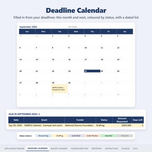 Deadline Calendar tab: month grid filled from deadlines, with a dated list
