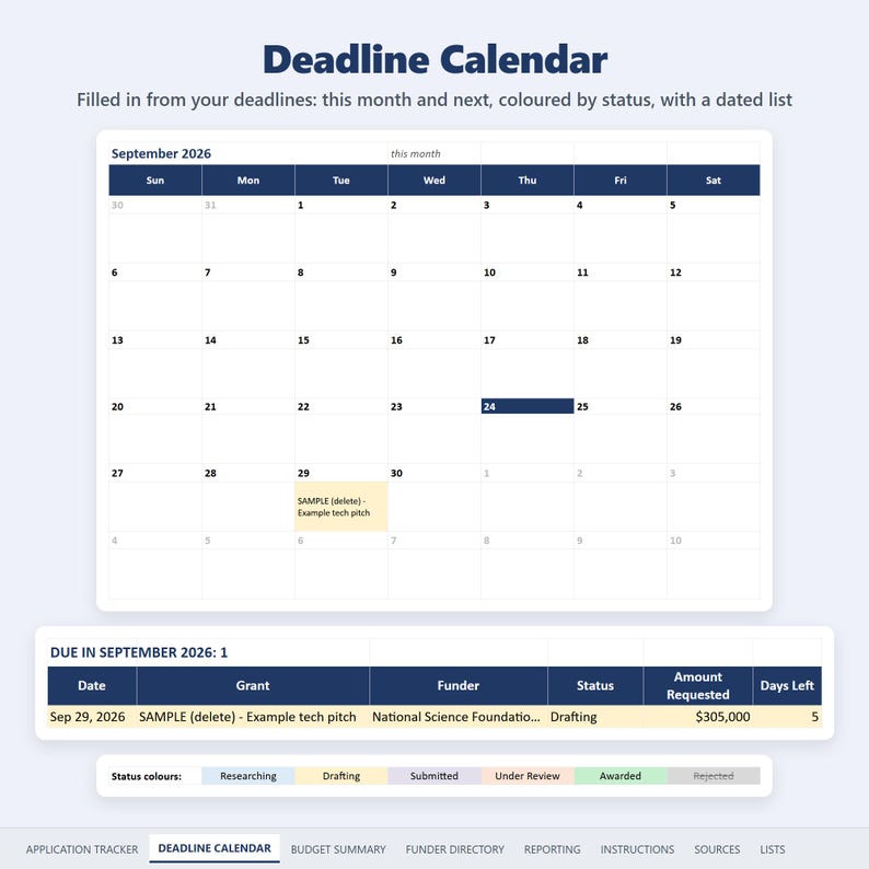 Deadline Calendar tab: month grid filled from deadlines, with a dated list