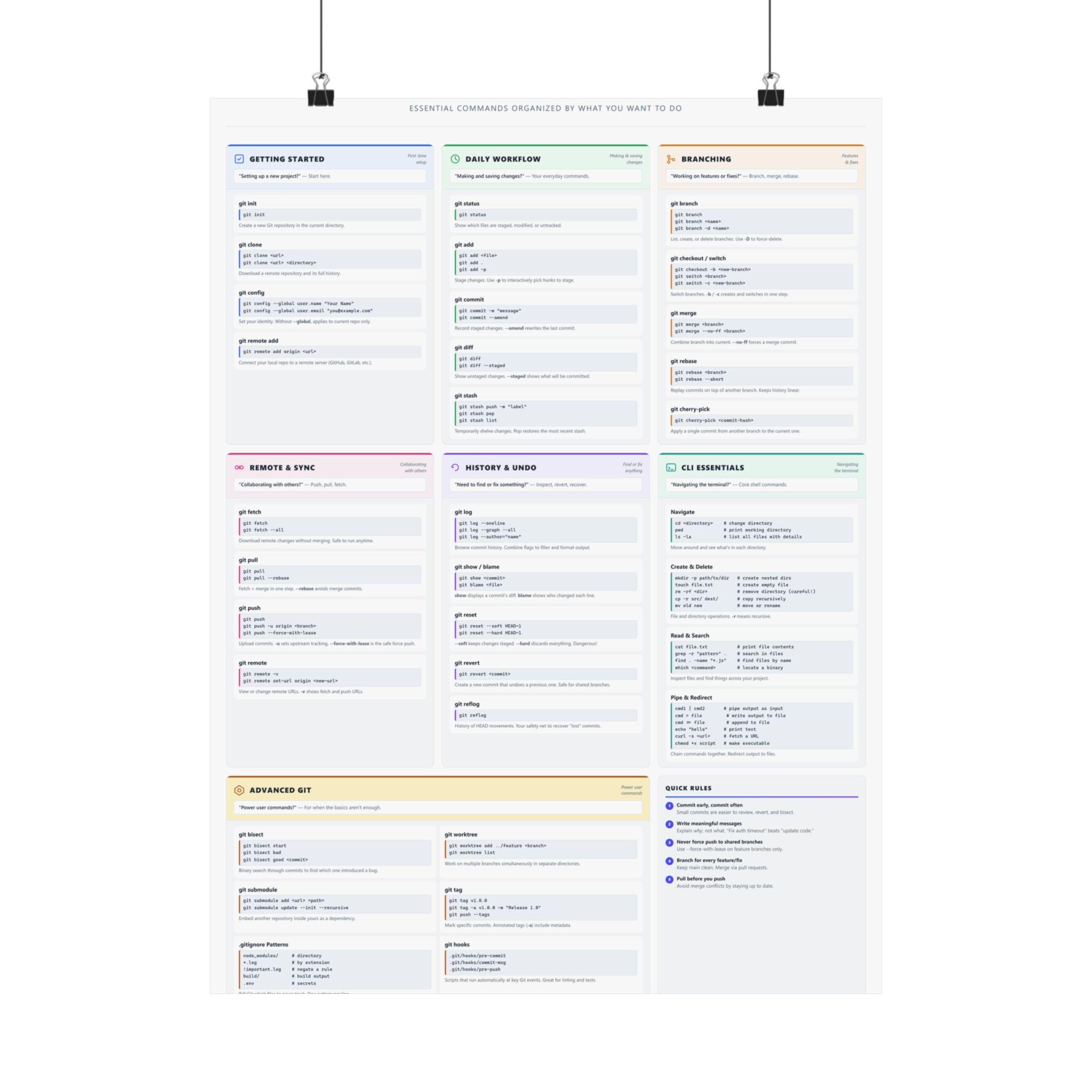 Git Commands Cheat Sheet Poster | Developer Wall Art, Branching ...