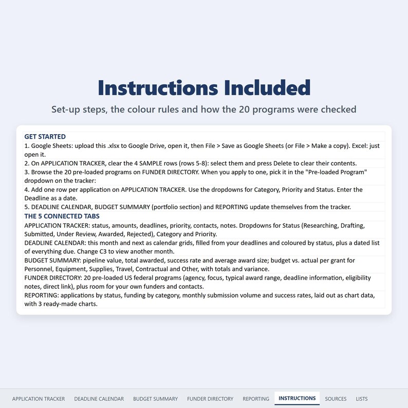 Instructions tab: set-up steps and tab guide