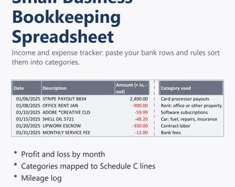 Kalkylblad för bokföring för småföretag: Inkomst- och utgiftsspårare, företagsutgiftsspårare, radmappning för schema C, Excel, Google Sheets
