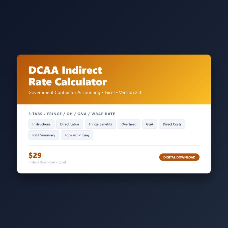 Calculateur de taux indirect DCAA | Comptabilité des entrepreneurs gouvernementaux | Frais généraux G&A marginaux | Modèle Excel de la GovCon image 1