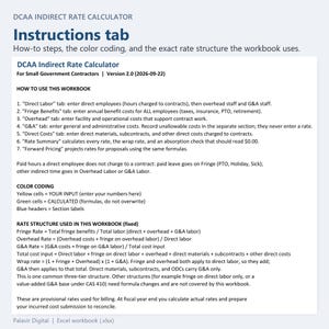 DCAA Indirect Rate Calculator Instructions tab: how-to steps, color coding and the rate structure used