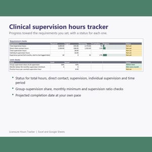 Clinical Hours Tracker, Supervision Log: Texas and Michigan LPC Presets, Custom Requirements for LCSW LMFT, Excel and Google Sheets image 1