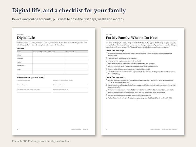Planificador para el final de la vida (PDF imprimible), organizador de información familiar, carpeta de últimas voluntades, páginas de información de emergencia, descarga instantánea. imagen 4