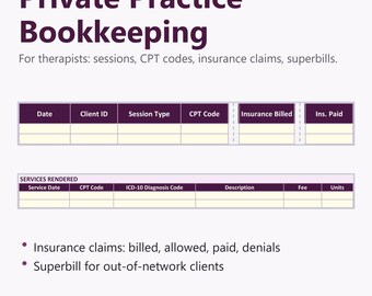 Private Practice Bookkeeping Spreadsheet for Therapists: CPT Codes, Insurance Claims, Superbill, Excel and Google Sheets