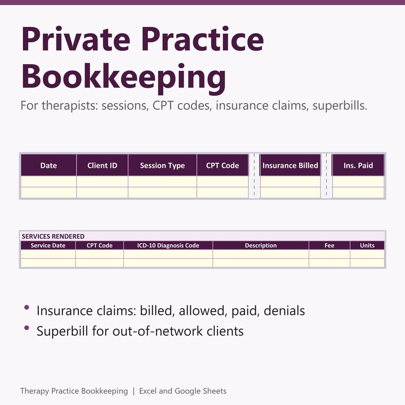 Private Practice Bookkeeping Spreadsheet for Therapists: CPT Codes, Insurance Claims, Superbill, Excel and Google Sheets image 1