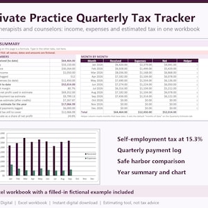 May include: A Private Practice Quarterly Tax Tracker spreadsheet for therapists and counsellors. The document includes a year summary table, a month-by-month income and expense breakdown, a bar chart, and a list of features like self-employment tax.