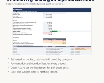 Hoja de cálculo para presupuesto de boda en Excel y Google Sheets, planificador de presupuesto de boda, seguimiento de pagos a proveedores, seguimiento de confirmación de asistencia de la lista de invitados.