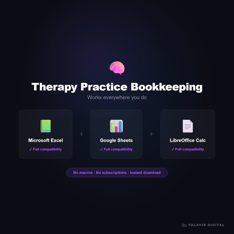 May include: A digital graphic for Therapy Practice Bookkeeping featuring a pink brain icon, text stating Works everywhere you do, and three boxes showing compatibility with Microsoft Excel, Google Sheets, and LibreOffice Calc. Includes No macros, No subscriptions, Instant download.