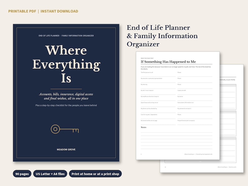 Planificador para el final de la vida (PDF imprimible), organizador de información familiar, carpeta de últimas voluntades, páginas de información de emergencia, descarga instantánea. imagen 1