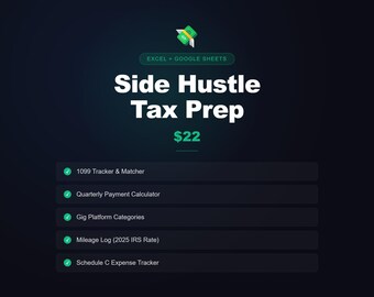 Side Hustle Tax Prep Spreadsheet | 1099-tracker, kwartaalbetalingen (Excel, Google Spreadsheets)