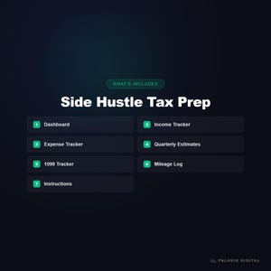 May include: A dark blue graphic with the text "WHAT'S INCLUDED" and "Side Hustle Tax Prep." The image lists features including Dashboard, Income Tracker, Expense Tracker, Quarterly Estimates, 1099 Tracker, Mileage Log, and Instructions.