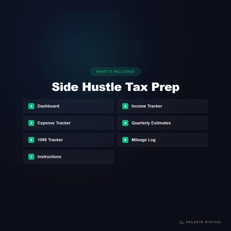 May include: A dark blue graphic with the text "WHAT'S INCLUDED" and "Side Hustle Tax Prep." The image lists features including Dashboard, Income Tracker, Expense Tracker, Quarterly Estimates, 1099 Tracker, Mileage Log, and Instructions.
