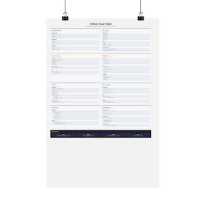 May include: A white poster titled "Python Cheat Sheet" with black text, clipped to a wall. The poster contains lists of Python code and commands, with colored horizontal lines separating sections. The bottom has a dark blue bar with text.