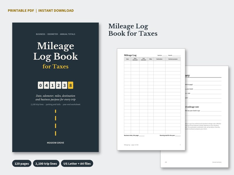 Printable Mileage Log PDF, Business Mileage Tracker for Self Employed and Gig Drivers, Odometer Log Book, Instant Download image 1