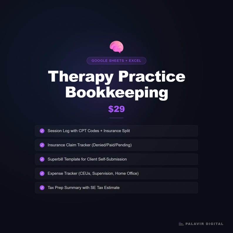 Therapy Practice Bookkeeping Spreadsheet | CPT Codes, Claims, Superbill ...