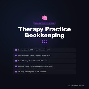 Private Practice Bookkeeping Spreadsheet for Therapists: CPT Codes, Insurance Claims, Superbill, Excel and Google Sheets image 3