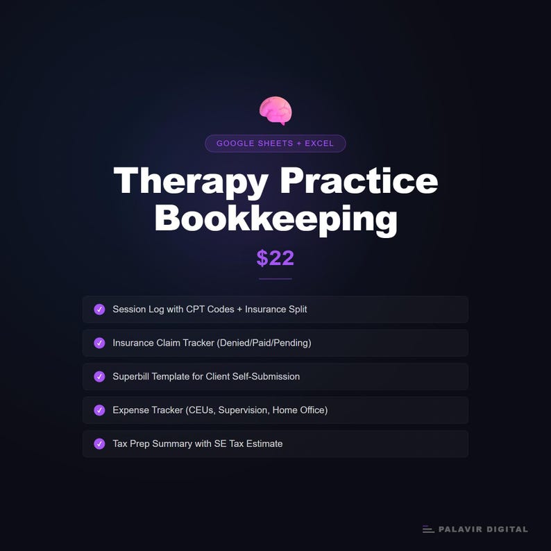 Private Practice Bookkeeping Spreadsheet for Therapists: CPT Codes, Insurance Claims, Superbill, Excel and Google Sheets image 3