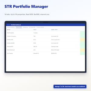 以下が含まれることがあります： 「STR Portfolio Manager」のインターフェースを表示するデジタルディスプレイ。画面には「Total Properties」、「Portfolio Occupancy」、「Portfolio ADR」などのデータが表示されます。「Manage 1 to 50+ short-term rentals in one workbook」というテキストも表示されています。