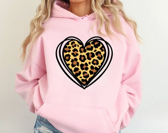 Leopard Print Valentines Day Hoodie, Valentines Day Sweatshirt For Woman, Cheetah Valentines, Heart Shirt, Cute Valentine Tee Shirt Gift