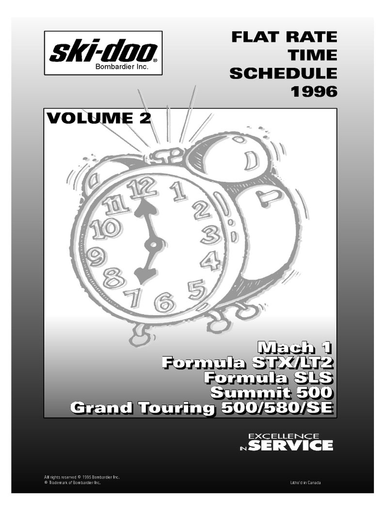 May include: Black and white illustration of an alarm clock with the text "VOLUME 2" above it. The clock is set to 12:00. Below the clock is a list of snowmobile models: Mach 1, Formula STX/LT2, Formula SLS, Summit 500, Grand Touring 500/580/SE. The text "FLAT RATE TIME SCHEDULE 1996" is at the top of the image.