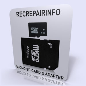 May include: A close-up of a micro SD card and adapter. The card is black and has the text "Micro SD" printed on it. The adapter is also black and has the text "Micro SD Adapter" printed on it. The card is labeled "4 GB".