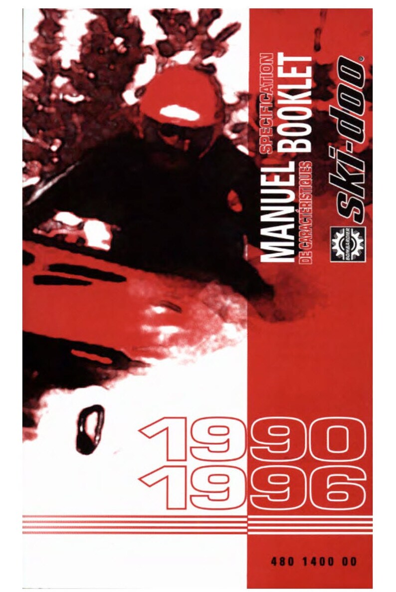 May include: A red and white Ski-Doo snowmobile manual booklet with the text "Manuel Booklet de Caracteristiques" and "1990 1996" on the cover.